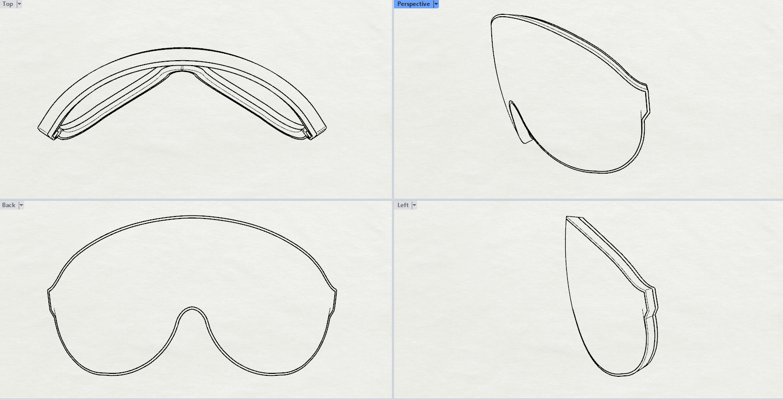 Soft Aero Shield — Four-view technical drawing, with lens